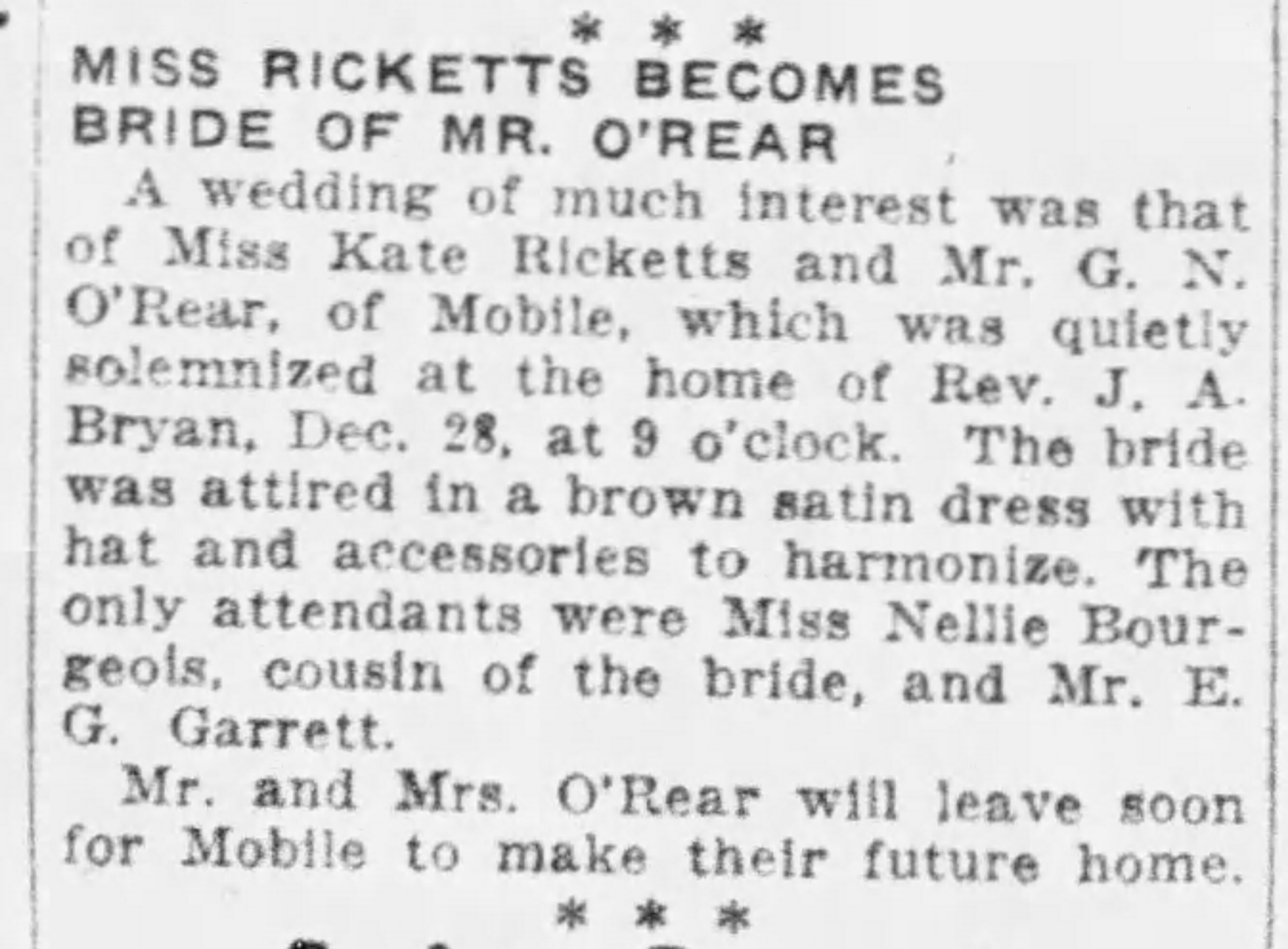 Miss Ricketts Becomes Bride of Mr. O'Rear
